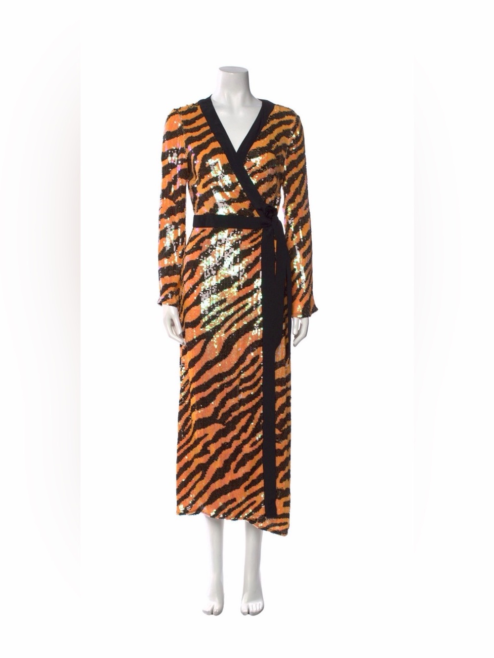 Sequin Tiger-Stripe Wrap Dress in Orange and Black